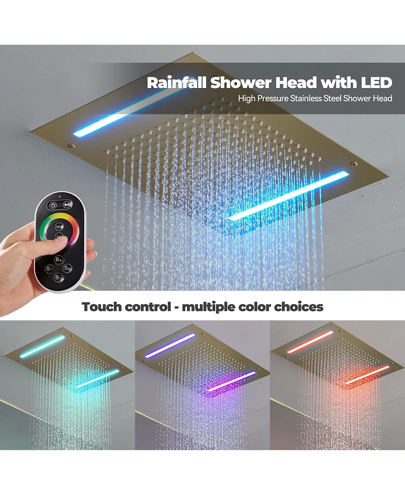 Luxury Shower System Square Top Spray with Body Jets, Led Light Single-Function Handle, and Adjustable Lifting Rod for Bathroom, Brushed Gold