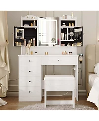 White Vanity Set with Mirror and Lights , Makeup Vanity Desk with Jewelry Armoire & Charging Station & 5 Drawers