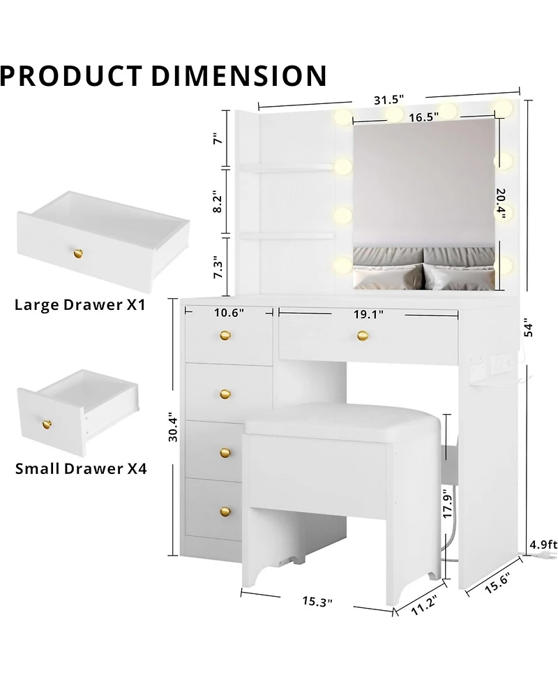 Vanity Desk with Mirror and Lights, Small Makeup Vanity Table with 5 Drawers