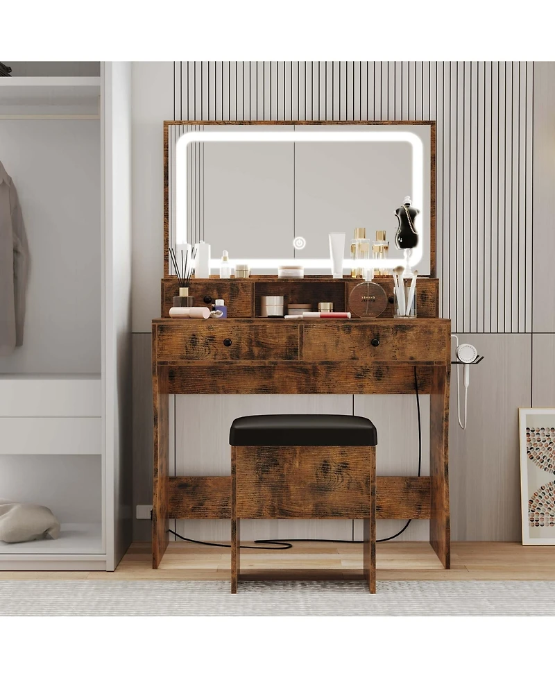 Vanity Desk, Bedroom Makeup Table with 4 Drawers,Storage Stool