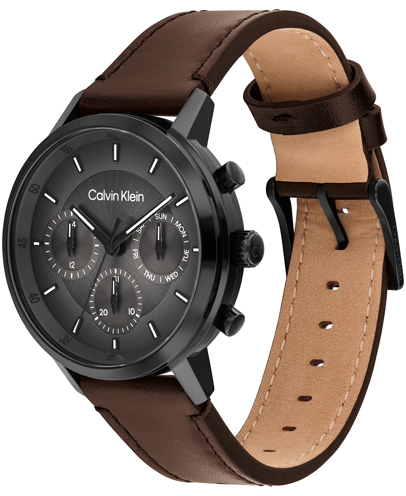 Calvin Klein Men's Gauge Dark Brown Leather Strap Watch, 41mm