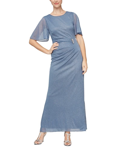 Sl Fashions Petite Glitter Mesh Embellished Ruched Gown