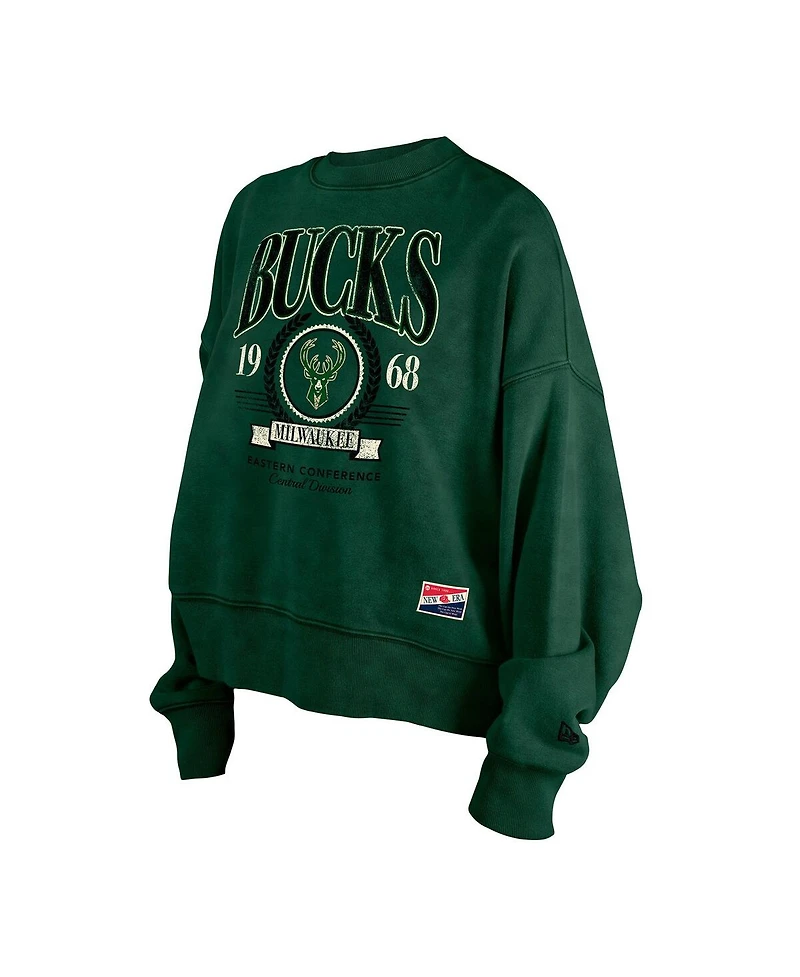 New Era Women's Hunter Green Milwaukee Bucks Hardwood Classics Enzyme Wash Oversized Boxy Pullover Sweatshirt