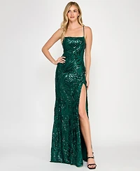 Crystal Doll Juniors' Sequined Lace-Up-Back Gown