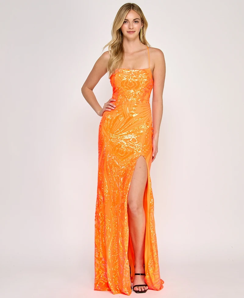 Crystal Doll Juniors' Sequined Lace-Up-Back Gown