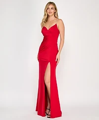 Crystal Doll Juniors' Rhinestone Lace-Up-Back Satin Gown