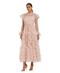 Mac Duggal Women's Dot Net Double Ruffle Trim High Neck Ankle Dress