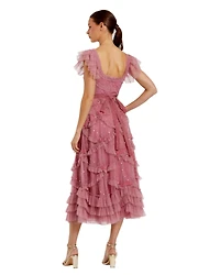 Mac Duggal Women's Dot Net Sequin Ruffle Sweetheart Neck Midi Dress
