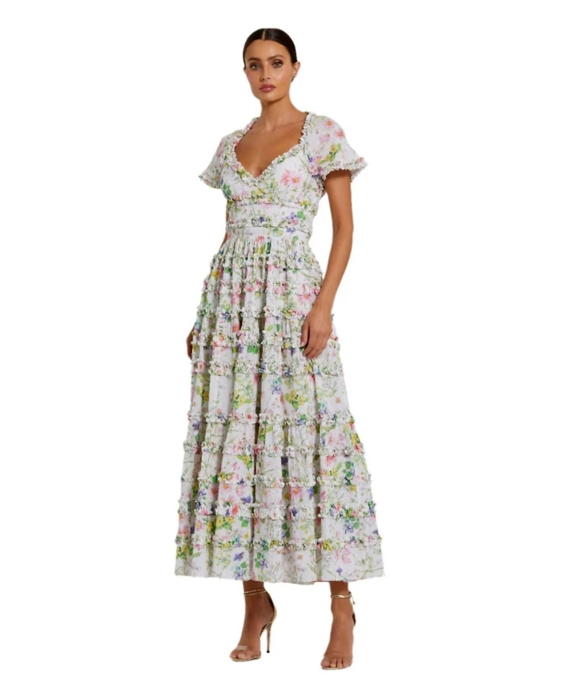 Mac Duggal Women's Cap Sleeve V Neck Open Back Floral Cotton Dress