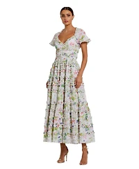 Mac Duggal Women's Cap Sleeve V Neck Open Back Floral Cotton Dress