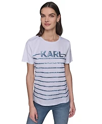 Karl Lagerfeld Paris Women's Embellished Stripe Crewneck Tee