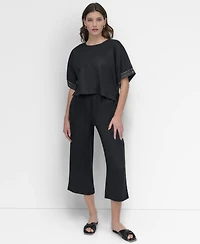 Dkny Women's Cropped Short-Sleeve Studded Linen Top