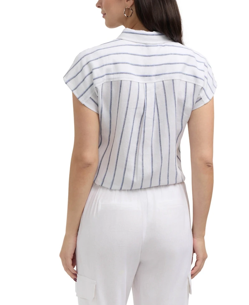 Ellen Tracy Women's Linen Blend Sleeveless Tie Hem Button Down Top