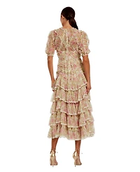 Mac Duggal Women's Lace Trim Printed Mesh High Neck Midi Dress