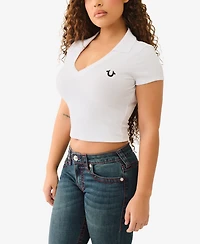 True Religion Women's Ss Deep V-Neck Rib Polo Top
