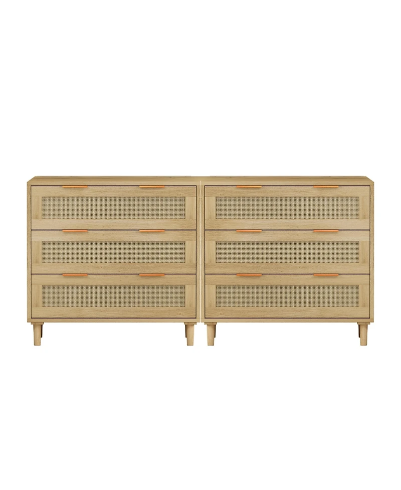 31.50"3-Drawers Rattan Storage Cabinet Rattan Drawer (Set of 2),for Bedroom,Living Room,Dining Room,Hallways,Oak