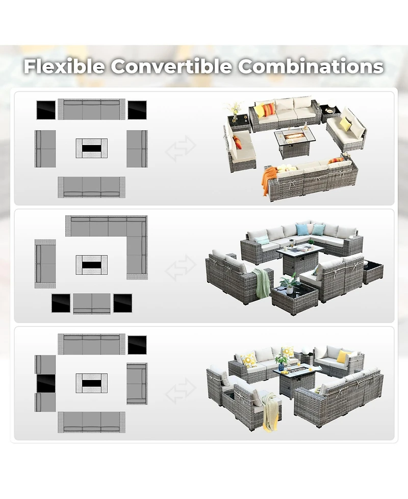 Xizzi 13 Pieces Patio Furniture Set,Outdoor Sectional Sofa Couch Set,Modern Conversation Set with Rectangular Fire Pit Table,Wide Armrests and D