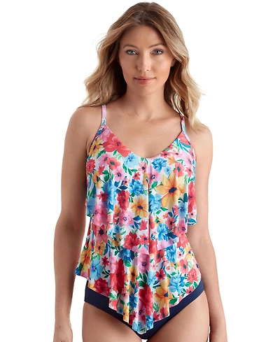 ShapeSolver by Mimi Flamingo Women's Wallflower V Neck Double Tiered Tankini Swimsuit Top