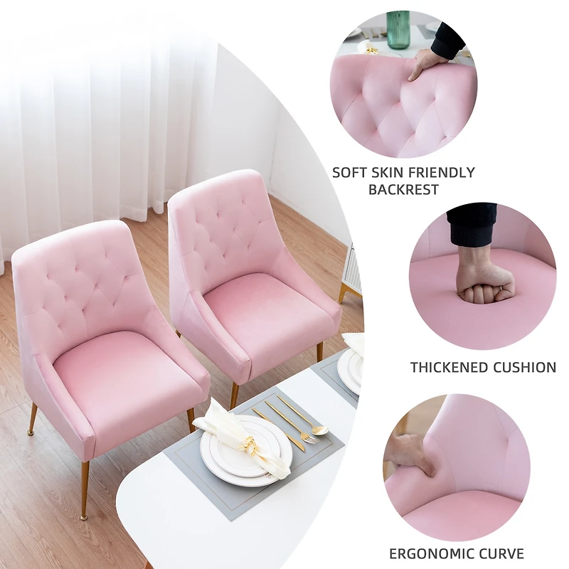 Dyhome Modern Velvet Upholstered Dining Chairs Set of 2, Mid Century Side with 5.12” Cushions and Back Pull Rod for Kitchen, Living Room