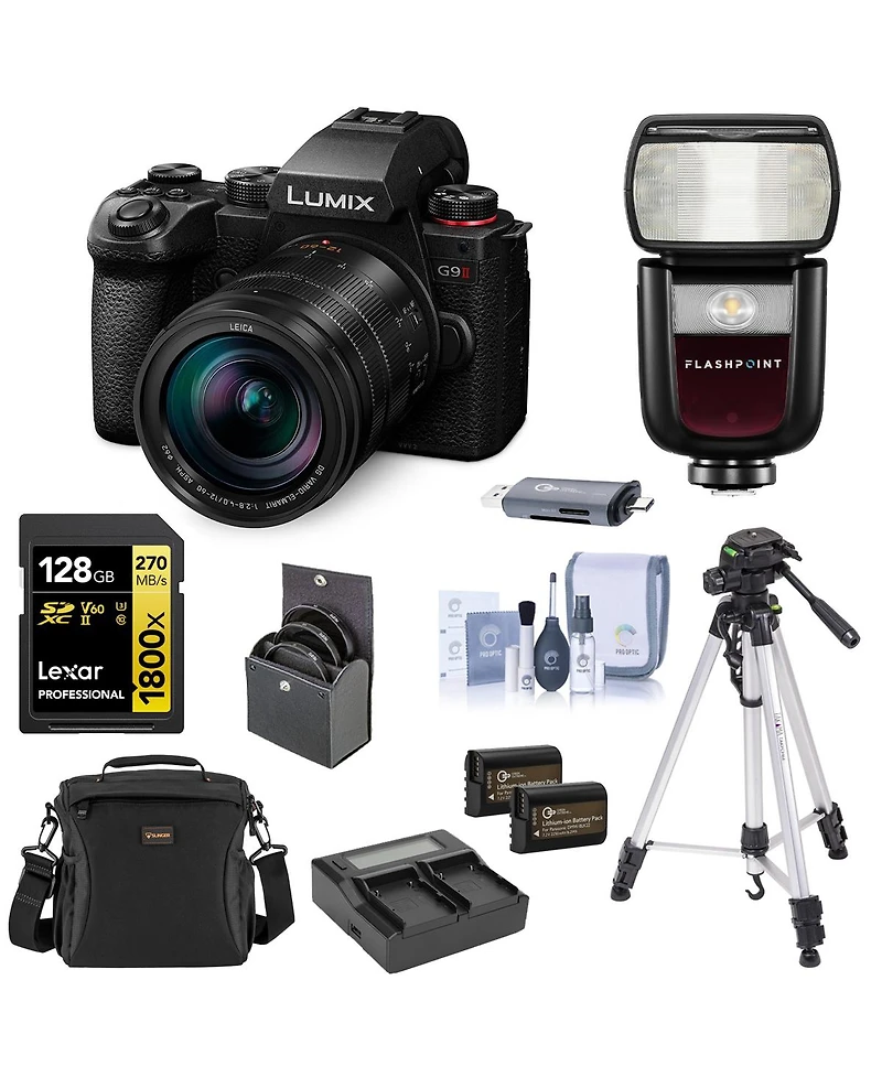 Panasonic Lumix G9II Mirrorless Camera with 12-60mm f/2.8-4 Lens, Bundle with Flash, 128GB Card, 2x Battery and Charger Kit, Tripod with Head, Filter