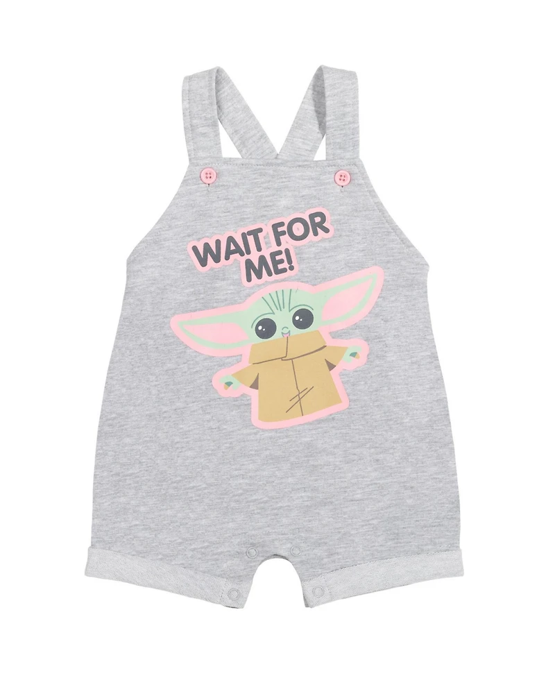 The Mandalorian Baby Girls Star Wars Yoda French Terry Snap Short Overalls T-Shirt and Headband 3 Piece Outfit Set