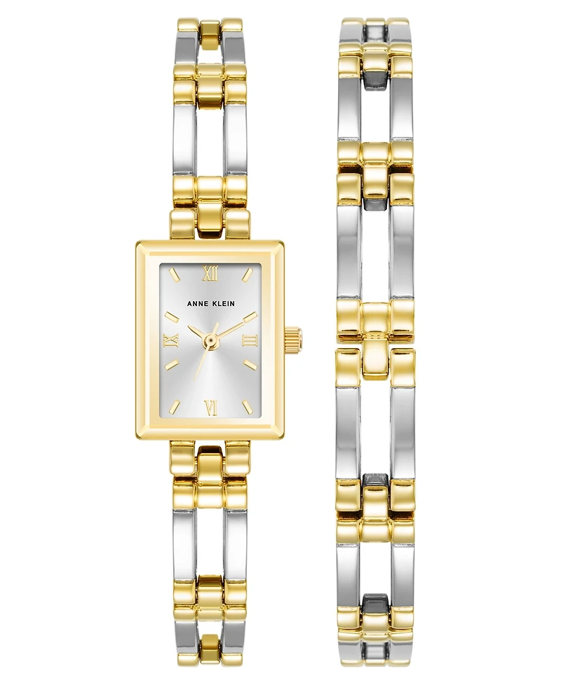 Anne Klein Women's Quartz Iconic Two-Tone Metal Alloy Rectangular Case Bangle Watch Set, 17mm