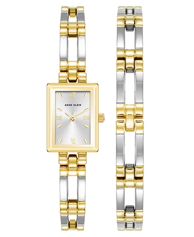 Anne Klein Women's Quartz Iconic Two-Tone Metal Alloy Rectangular Case Bangle Watch Set, 17mm
