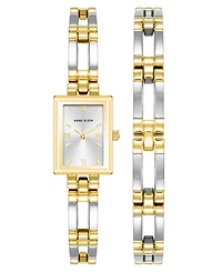 Anne Klein Women's Quartz Iconic Two-Tone Metal Alloy Rectangular Case Bangle Watch Set, 17mm