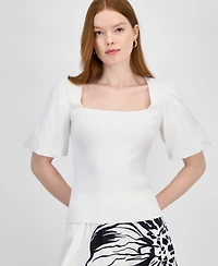 T Tahari Women's Mixed-Media Square-Neck Puff-Sleeve Top