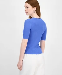 T Tahari Women's V-Neck Button-Front Ribbed-Knit Top