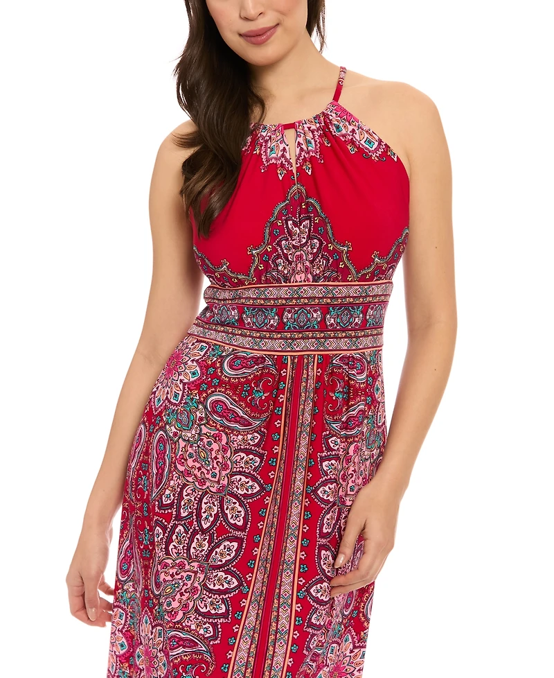 London Times Petite Paisley-Print Halter Maxi Dress