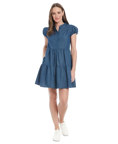 London Times Petite Denim Puff-Sleeve Tiered Dress