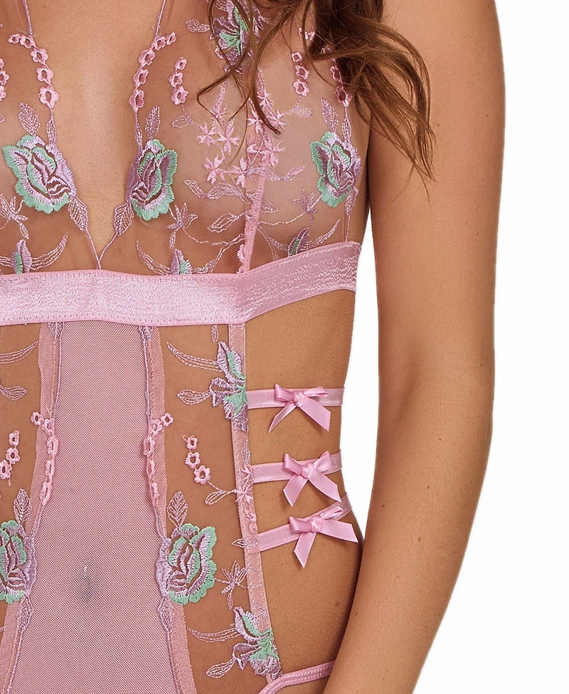 iCollection Women's Sheer Embroidered Bodysuit Lingerie with Bow Accents