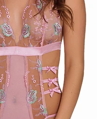 iCollection Women's Sheer Embroidered Bodysuit Lingerie with Bow Accents