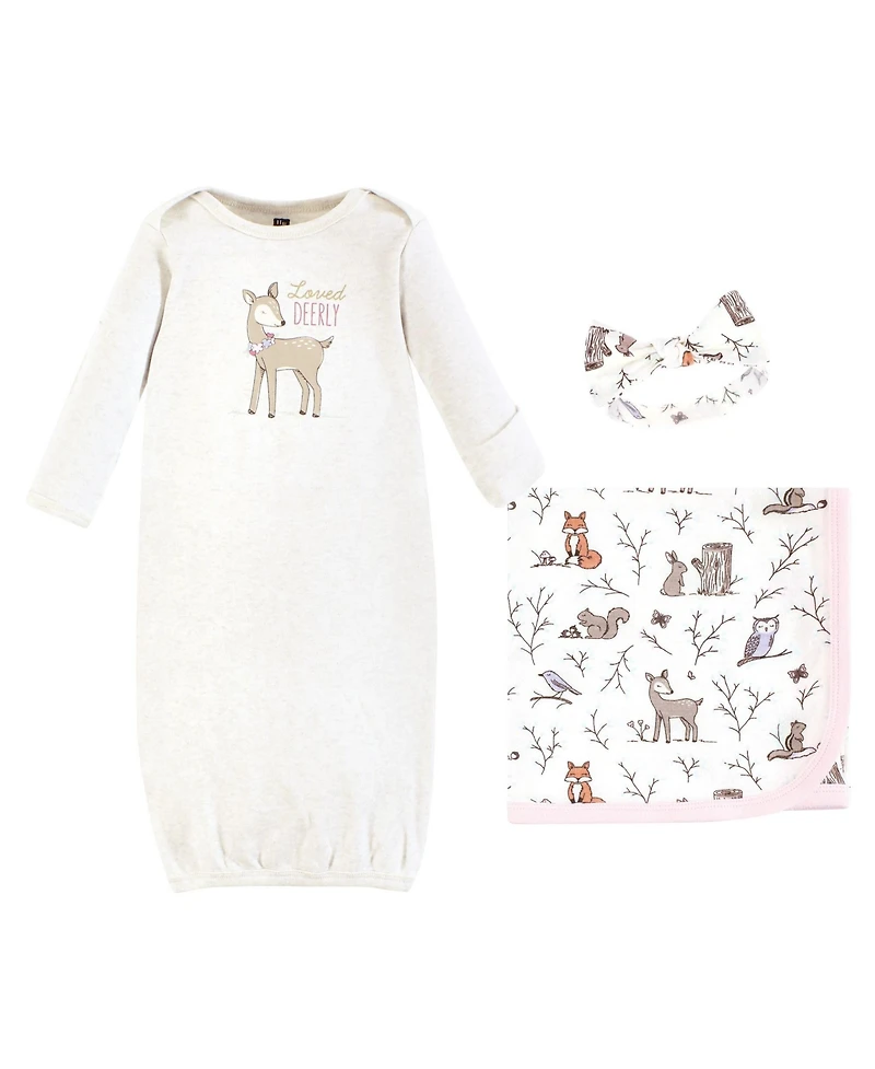 Hudson Baby Girls Layette Essentials Gown, Swaddle Wrap, and Headpiece Option