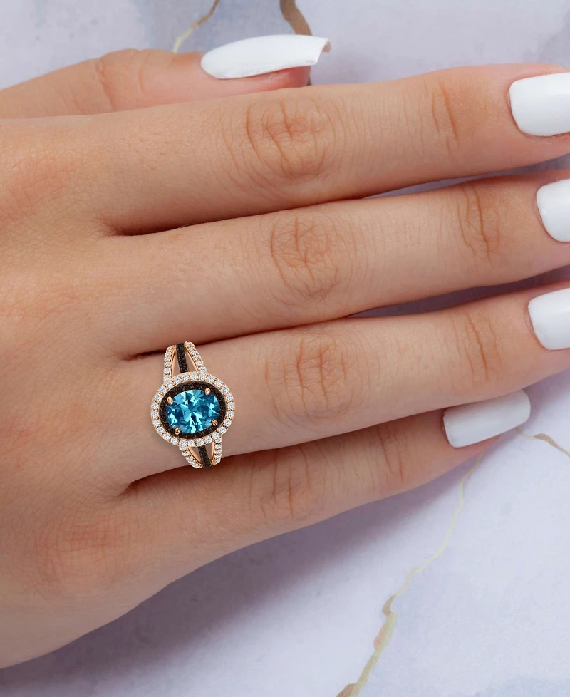 Blue, White, & Black Cubic Zirconia Halo Ring 14k Rose Gold-Plated Sterling Silver
