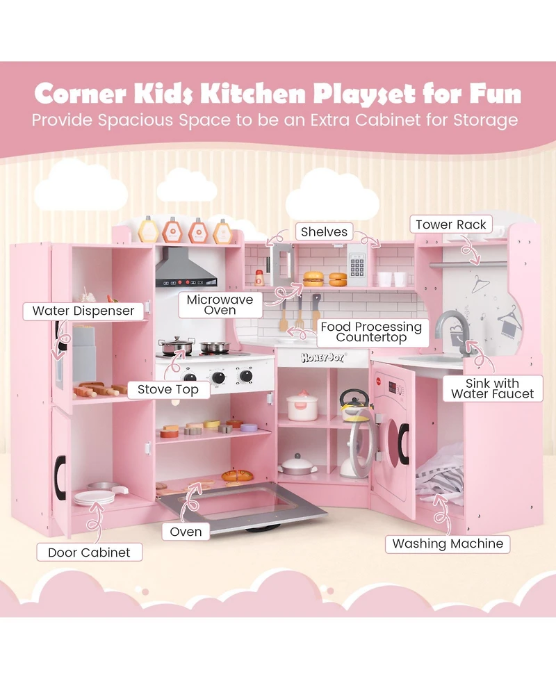 Corner Play Kitchen Toddler Kitchen Playset with Range Hood, Ice Maker, Microwave