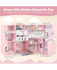 Corner Play Kitchen Toddler Kitchen Playset with Range Hood, Ice Maker, Microwave