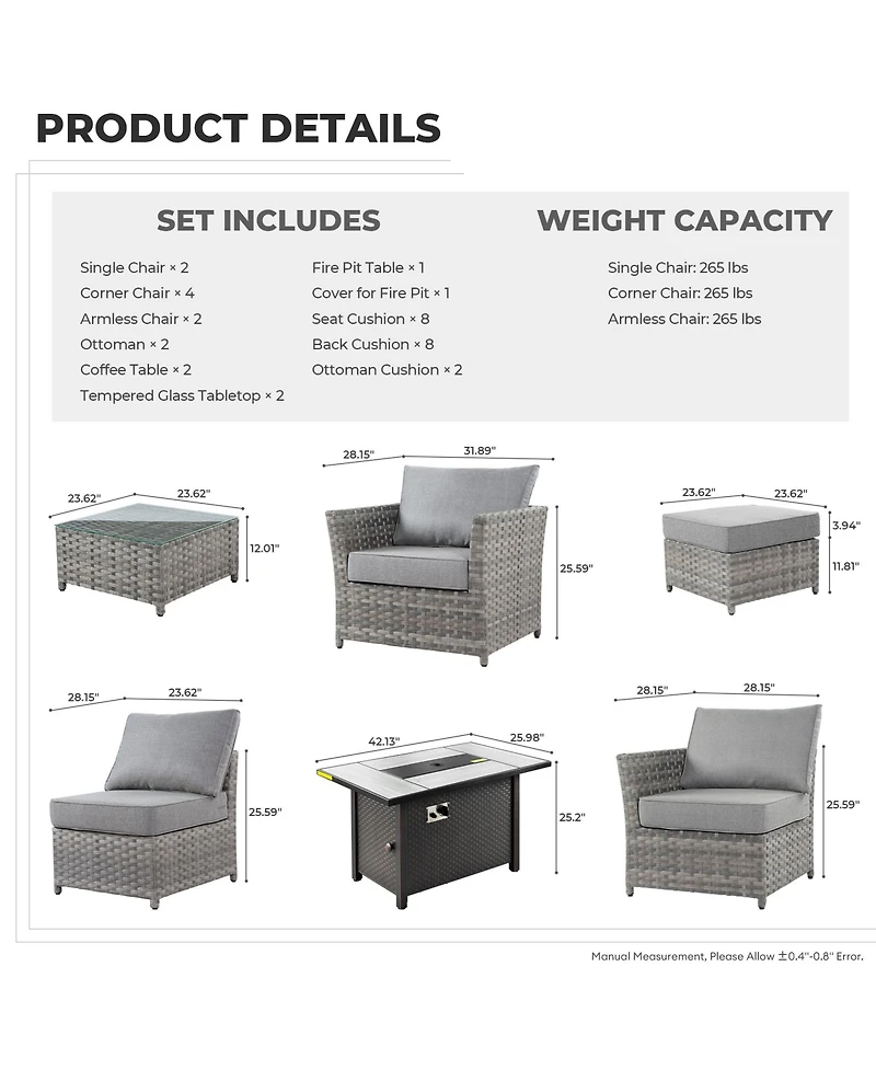 Xizzi 13 Pieces Outdoor Furniture Patio Sectional Sofa,No Assembly Required Pe Wicker Conversation Sets with 42" Fire Pit,Armchairs,Ottomans and Coffe