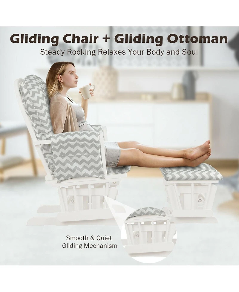 Wood Glider and Ottoman Set with Padded Armrests and Detachable Cushion