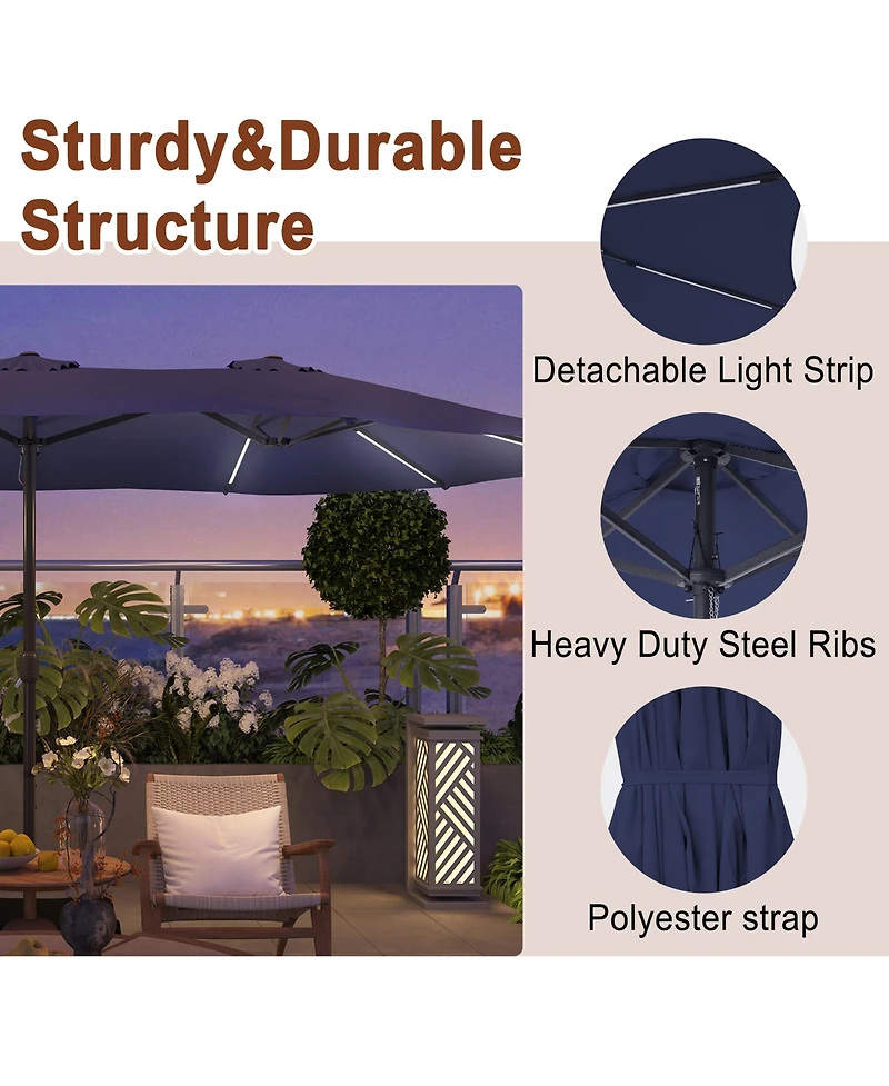 Mondawe 15 ft Solar Led Double Sided Twin Outdoor Patio Market Umbrella with Base Weight Included
