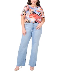 Vince Camuto Women's Tropical-Print Round-Neck Keyhole-Back Cuff-Sleeve Top, Xs-3X