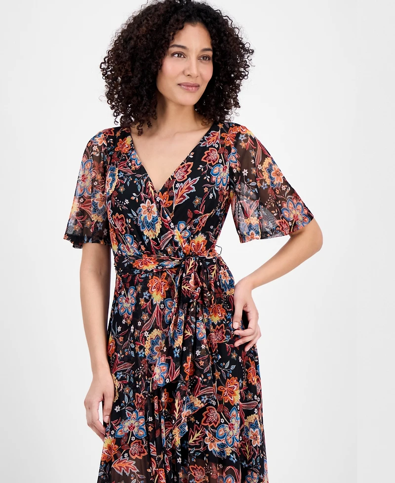 Connected Petite Printed Mesh High-Low Faux-Wrap Dress