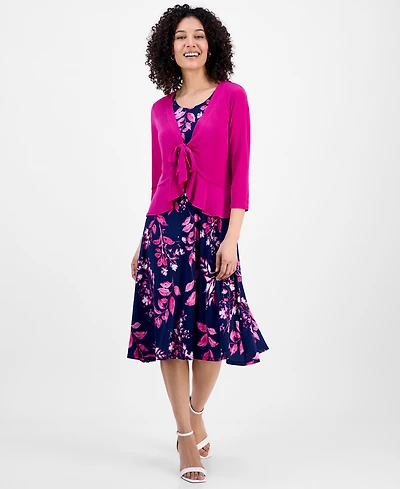 Sandra Darren Petite 2.Piece Tie-Front Bolero Jacket & Floral-Print Sleeveless Fit Flare Dress