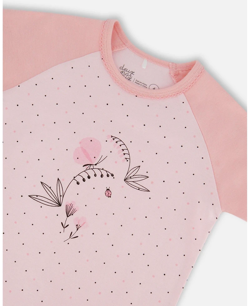 Deux par Deux Big Girls Organic Cotton Two-Piece Short Pajama Set Small Pink Flowers On Pale Pink Background
