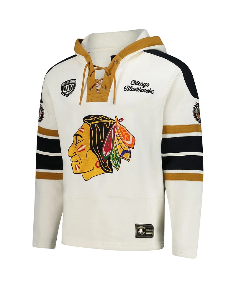 '47 Brand Men's Chris Chelios Cream Chicago Blackhawks Blue Line Heritage Name & Number Lace-Up Pullover Hoodie