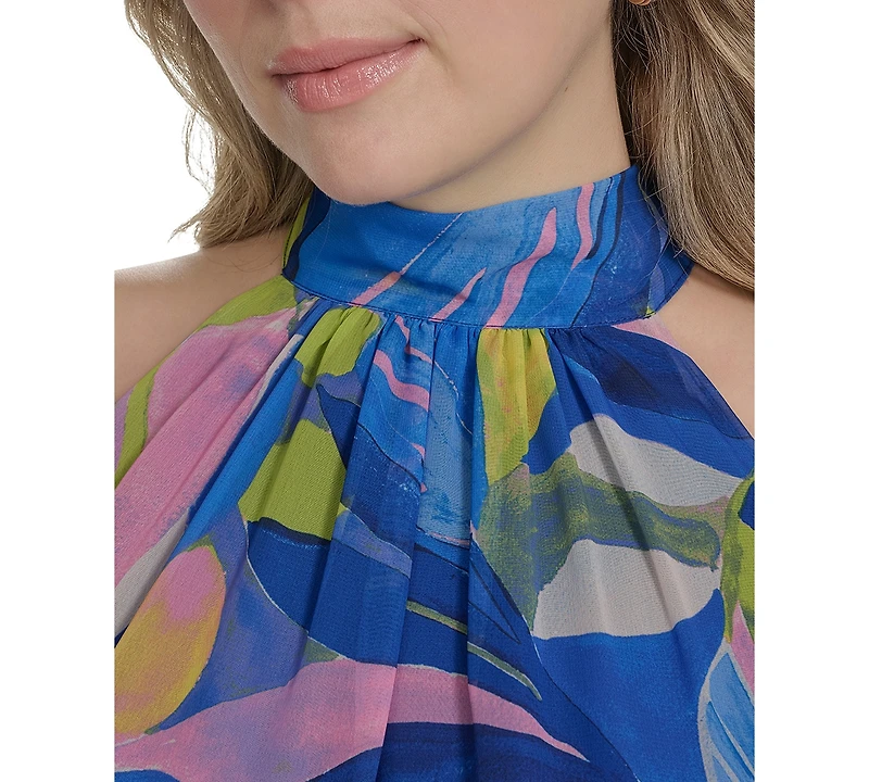 Eliza J Plus Printed Chiffon High-Low Halter Dress