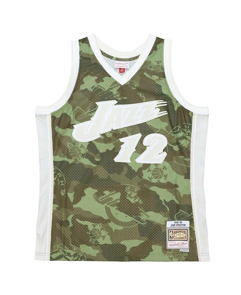 Mitchell & Ness Men's John Stockton Camo Utah Jazz Hardwood Classics 1998/99 Ghost Green Swingman Jersey