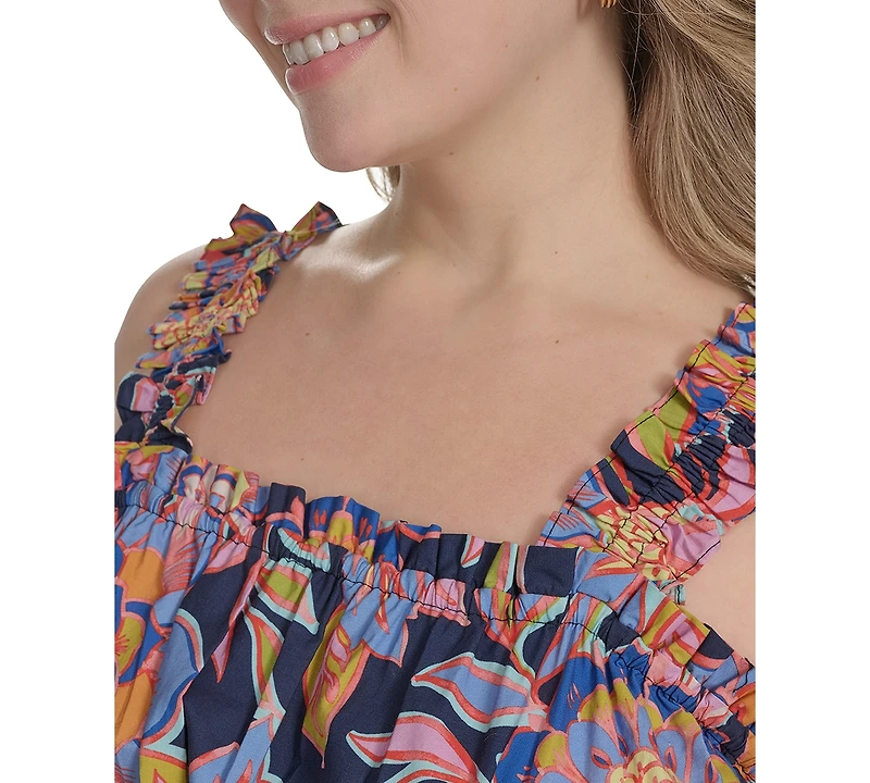 Eliza J Plus Cotton Floral Smocked-Waist Midi Dress