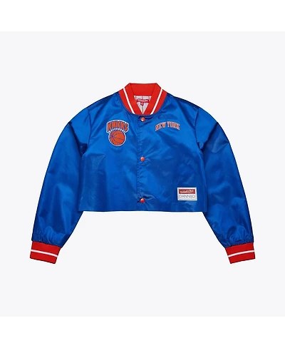 Mitchell & Ness x Dannijo Women's Blue New York Knicks Cropped Satin Full-Snap Jacket
